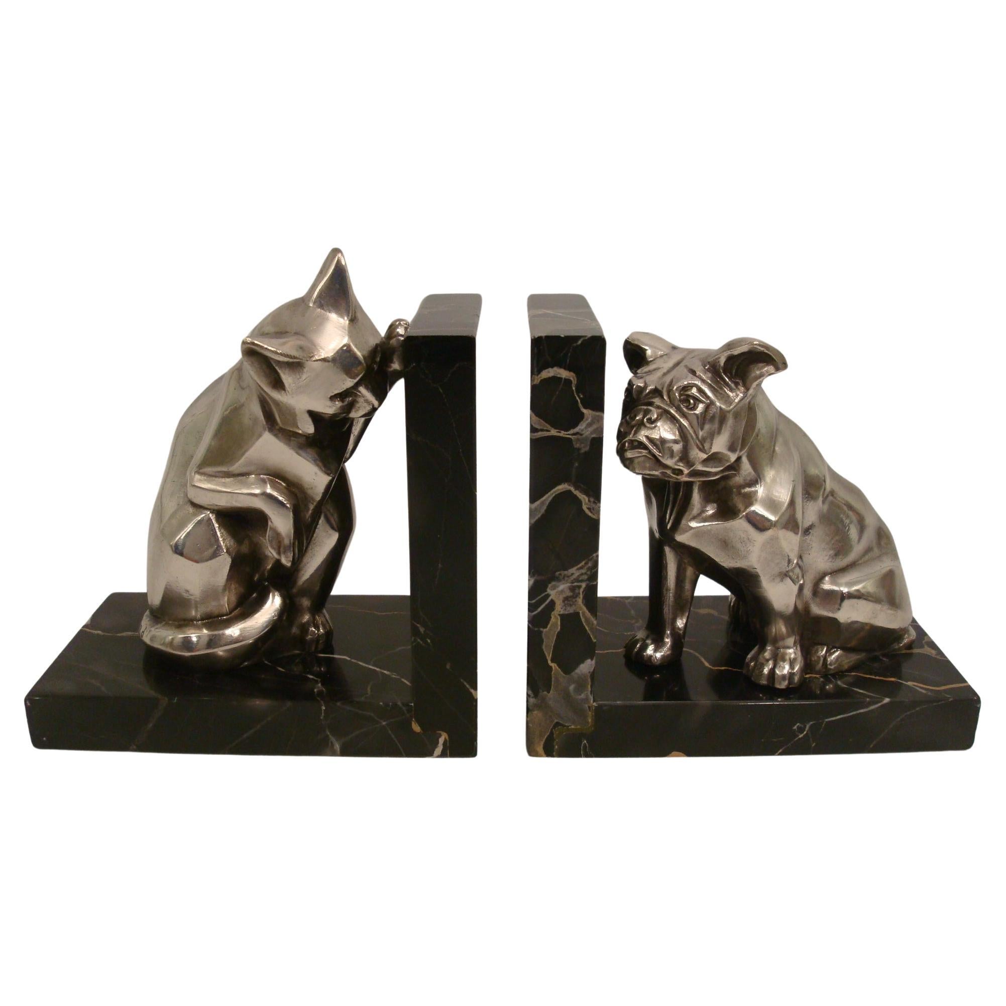 French Art Deco Cat and Bulldog Bookends by Irénée Rochard, 1930 For Sale