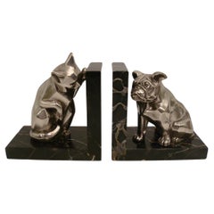 Vintage French Art Deco Cat and Bulldog Bookends by Irénée Rochard, 1930