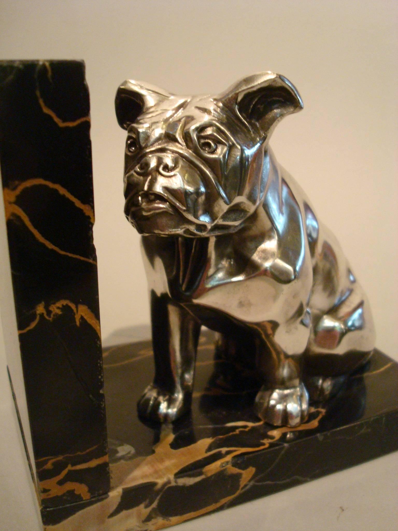 Silvered French Art Deco Cat and Bulldog Bookends by Irénée Rochard, 1930