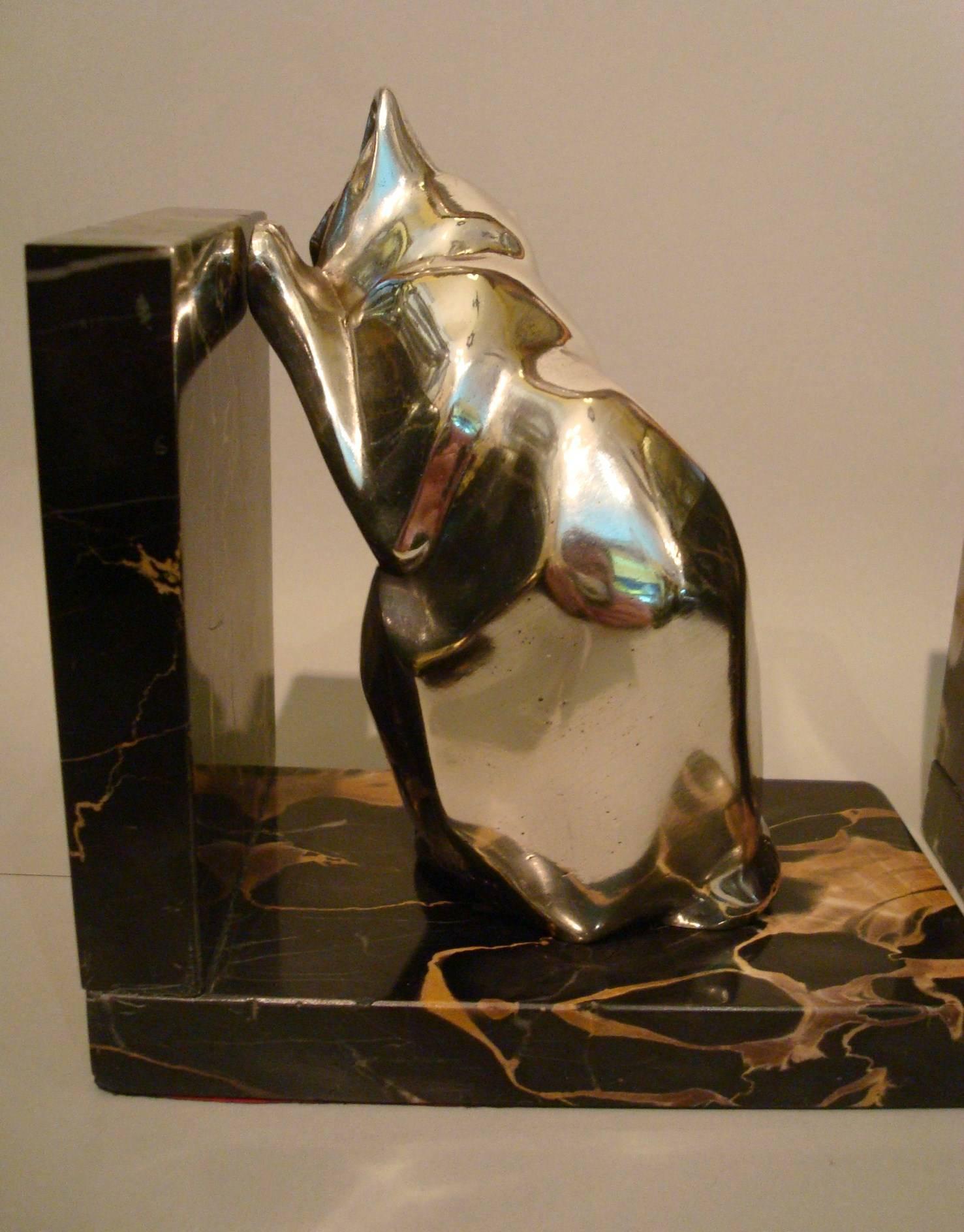 Metal French Art Deco Cat and Bulldog Bookends by Irénée Rochard, 1930