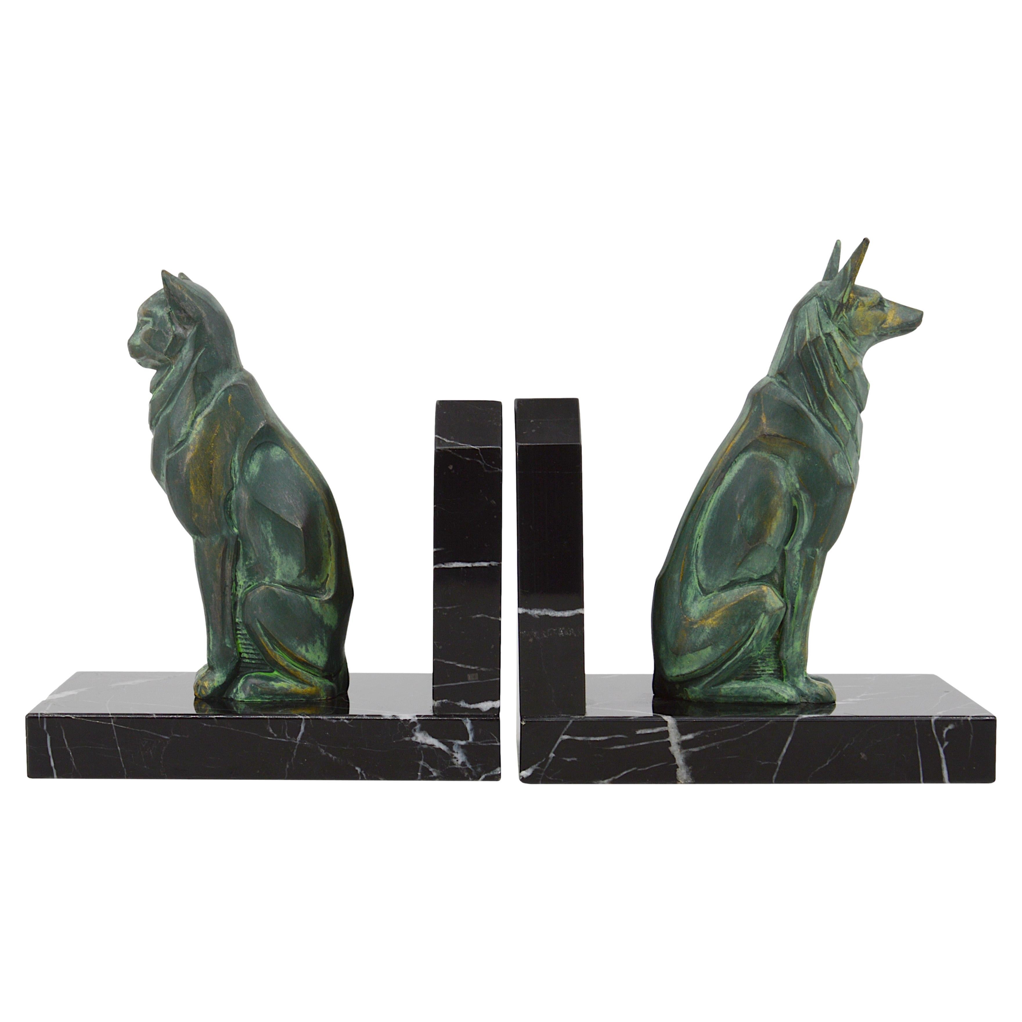 French Art Deco Cat and Dog Bookends, Spelter and Marble, 1920