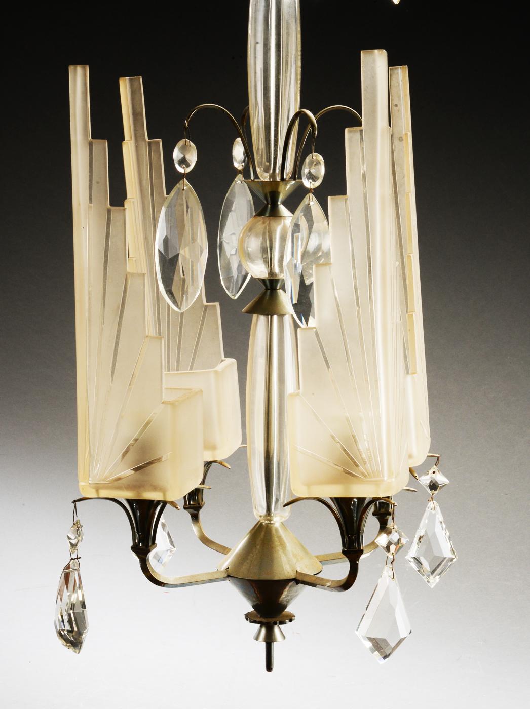 Early 20th Century French Art Deco Cat Crystals Chandelier