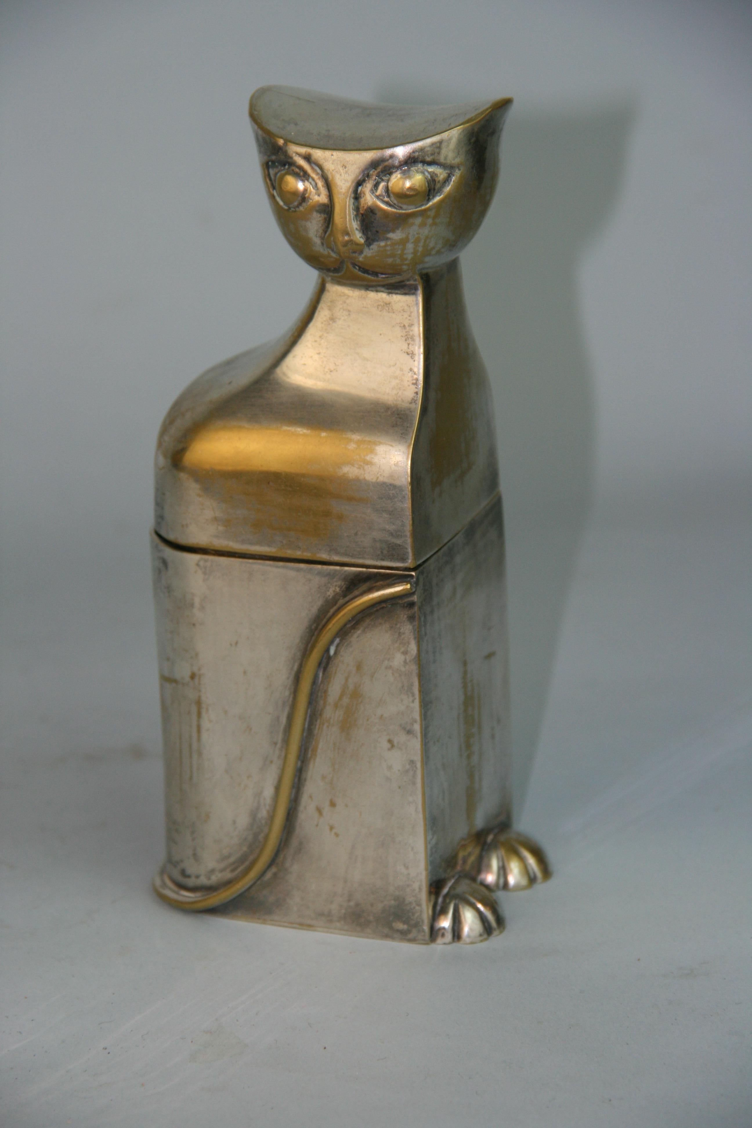 French Art Deco Cat Silvered Brass Box/Sculpture In Good Condition In Douglas Manor, NY