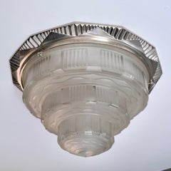 French Art Deco Ceiling Lamp, 1930s Pressed Glass and Nickel-Plated Bronze
