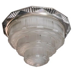 French Art Deco Ceiling Lamp, 1930s Pressed Glass and Nickel-Plated Bronze