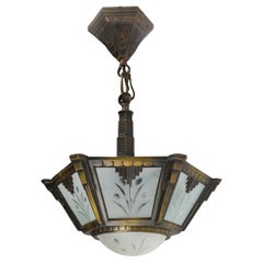 French Art Deco Ceiling Lamp, Bronze and polished Glass, circa 1930