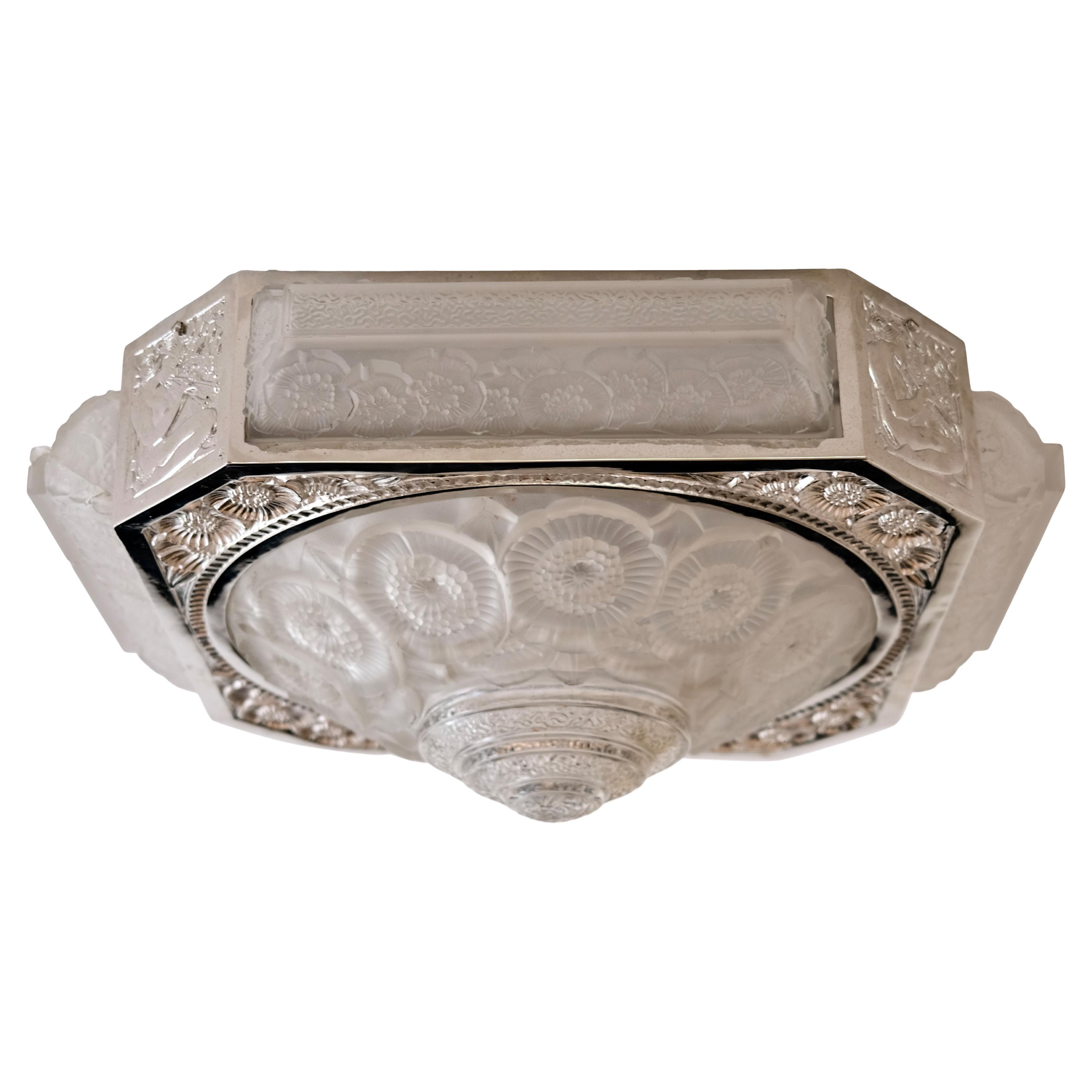 French Art Deco Ceiling Lamp with Floral and Figurative Bronze and Glass, 1920s