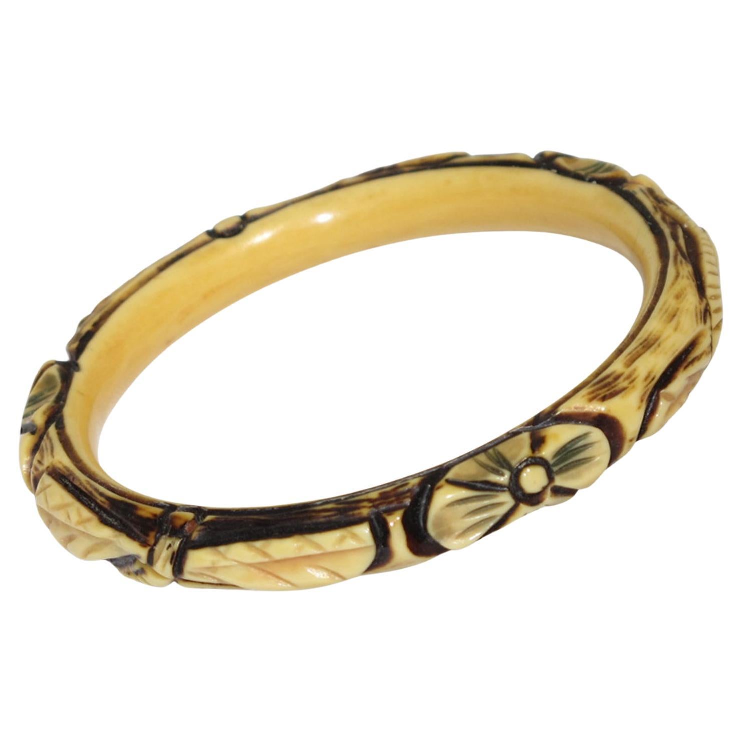 French Art Deco Celluloid Bracelet Bangle Geometric and Floral Carving