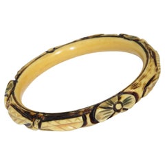 French Art Deco Celluloid Bracelet Bangle Geometric and Floral Carving