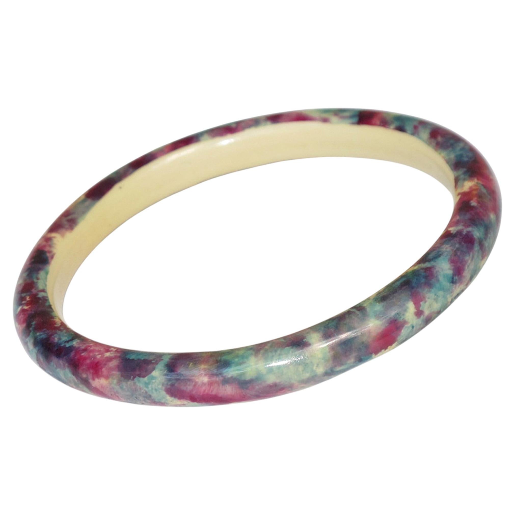 French Art Deco Celluloid Bracelet Bangle with Blue and Pink Sponge Design For Sale