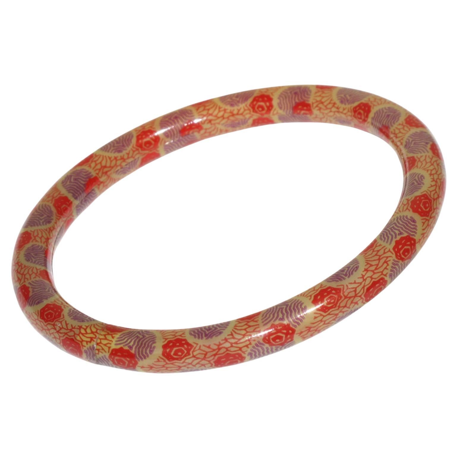French Art Deco Celluloid Bracelet Bangle with Purple and Red Design For Sale