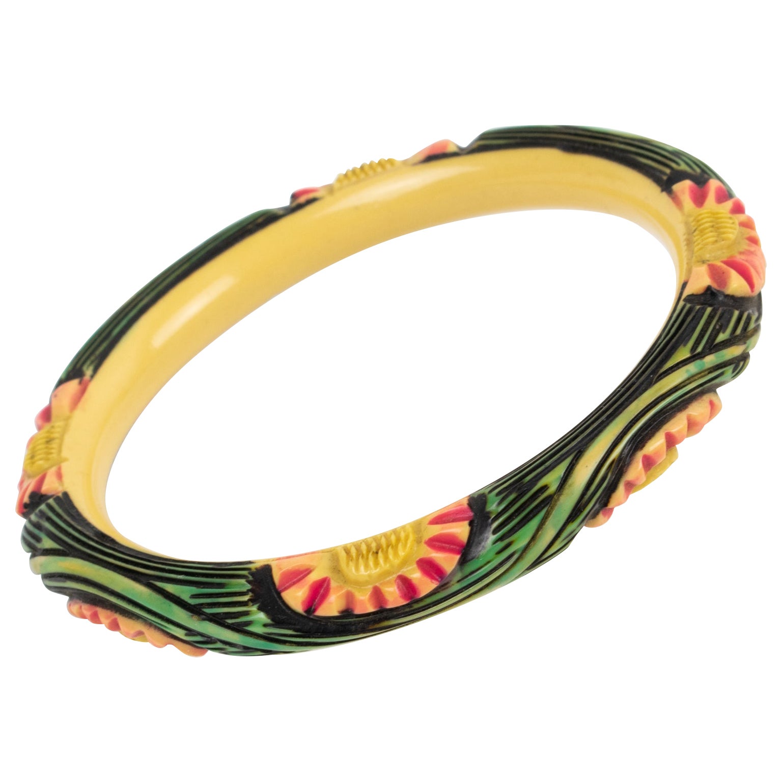 French Art Deco Celluloid Carved Bracelet Bangle Daisy Flowers
