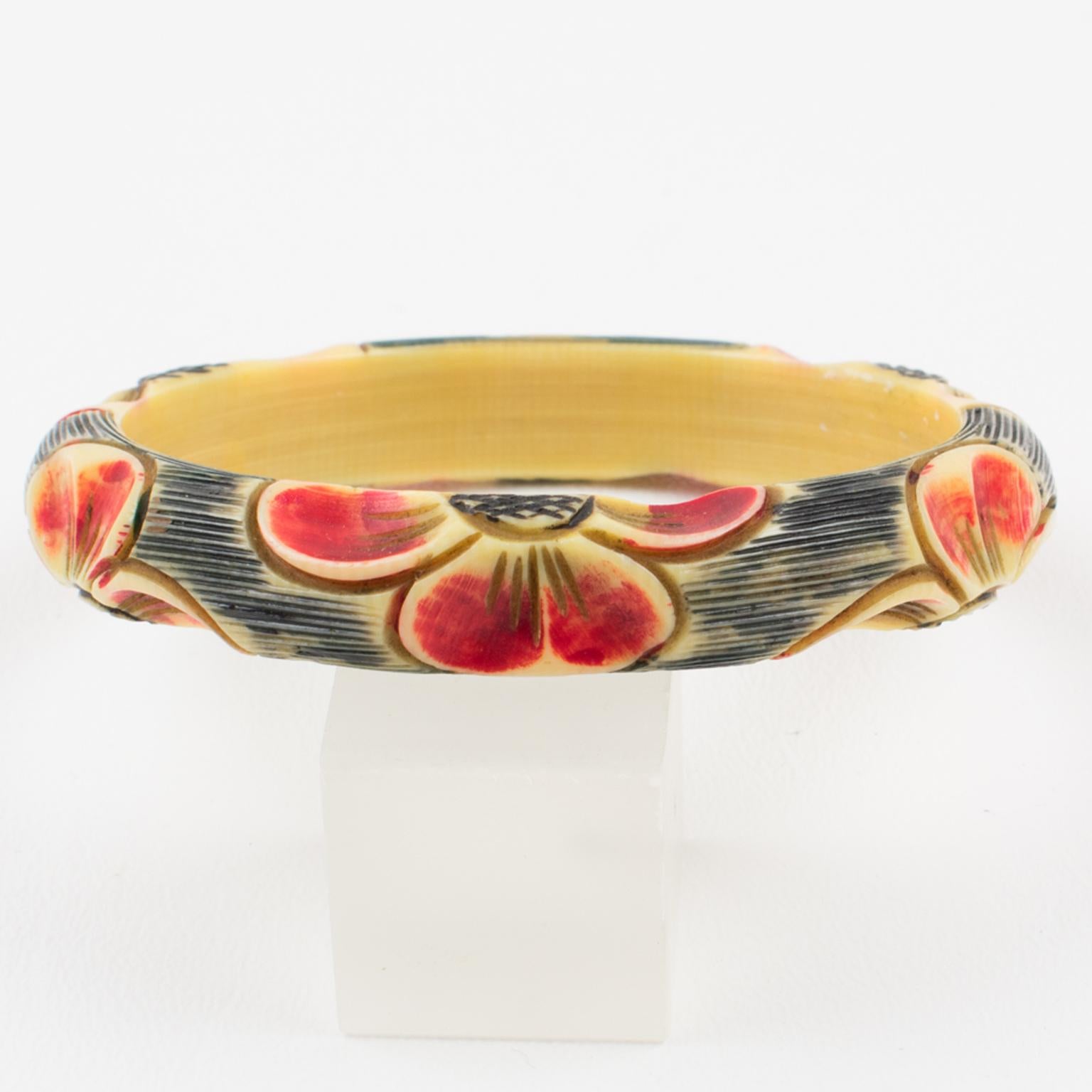 French Art Deco Celluloid Carved Bracelet Bangle Red Flowers In Excellent Condition For Sale In Atlanta, GA