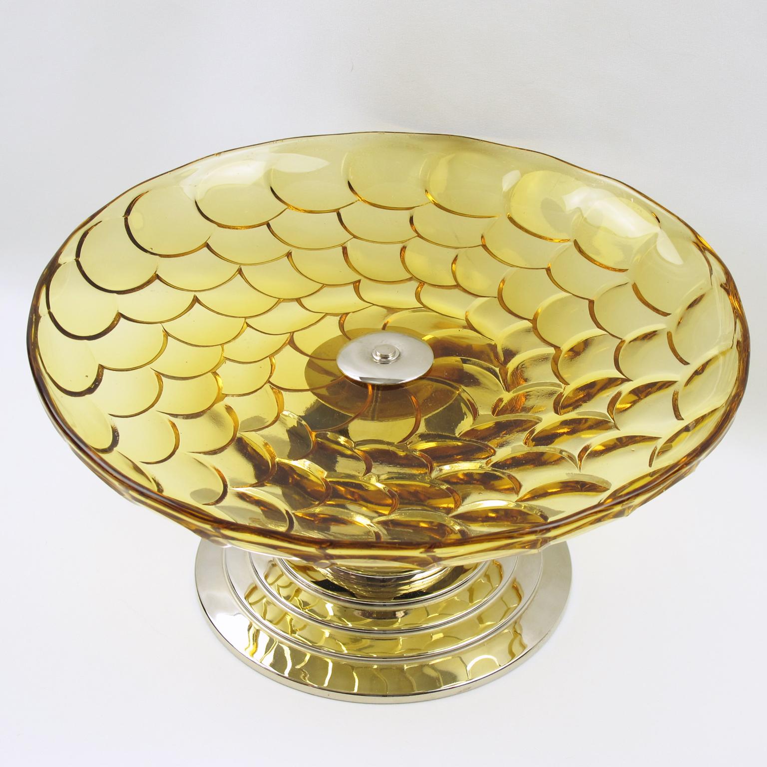French Art Deco Centerpiece Bowl Glass Macassar Wood Chrome In Excellent Condition In Atlanta, GA