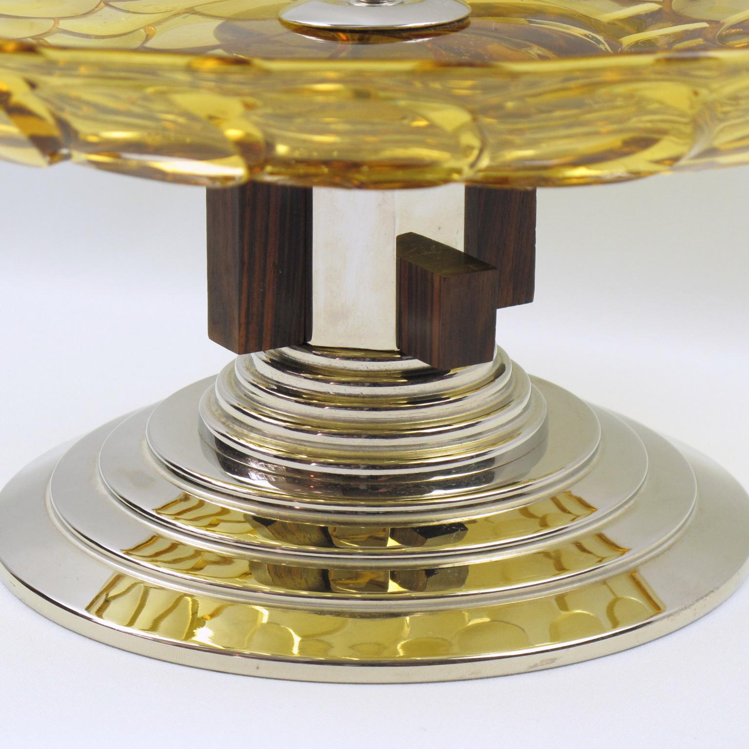 Mid-20th Century French Art Deco Centerpiece Bowl Glass Macassar Wood Chrome