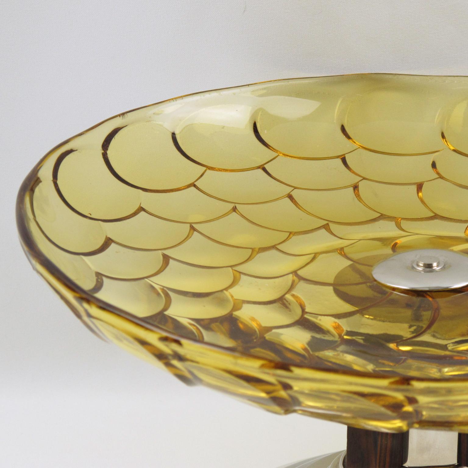 Metal French Art Deco Centerpiece Bowl Glass Macassar Wood Chrome