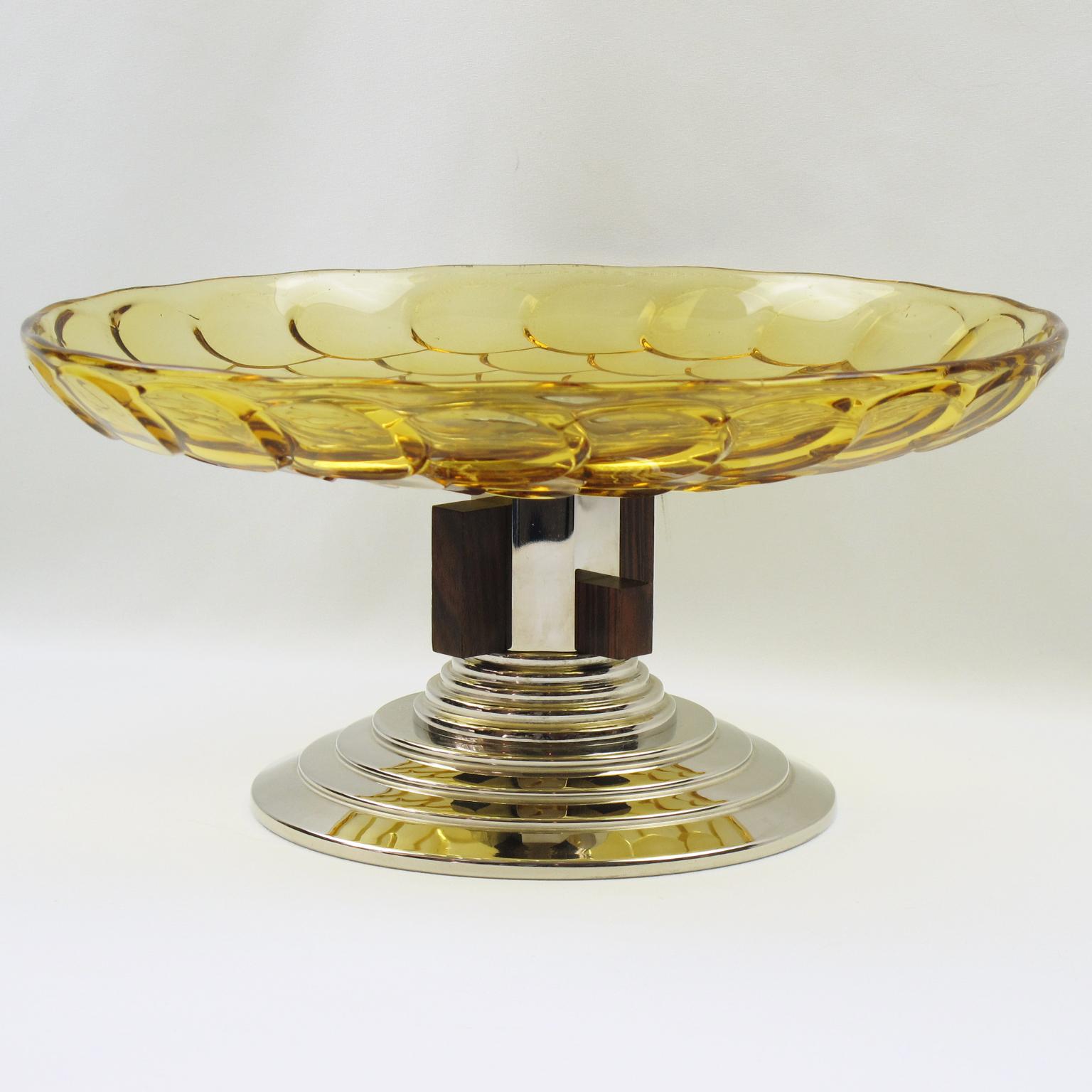 French Art Deco Centerpiece Bowl Glass Macassar Wood Chrome 2