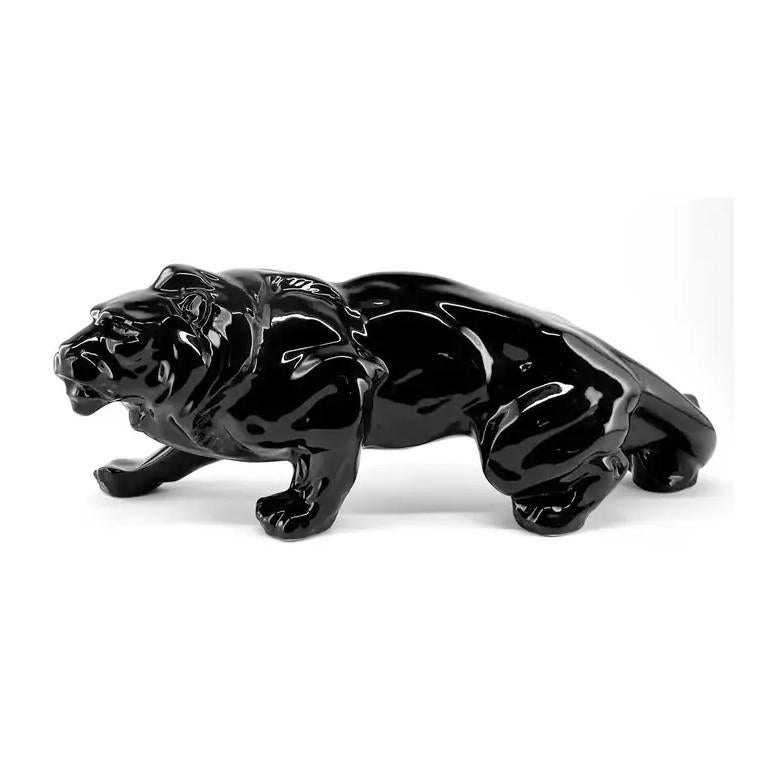 Black lion, France, 1920s ceramic. This lion has been made in black, green, and red. This is the black one! Same period as Charles Lemanceau, François Pompon, Lejean, Jean & Jacques Adnet, Geo Conde, Charles Catteau, Saint-Clement, Sainte-Radegonde,