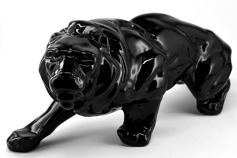 French Art Deco Ceramic Black Lion, 1930s In Excellent Condition For Sale In Saint-Amans-des-Cots, FR