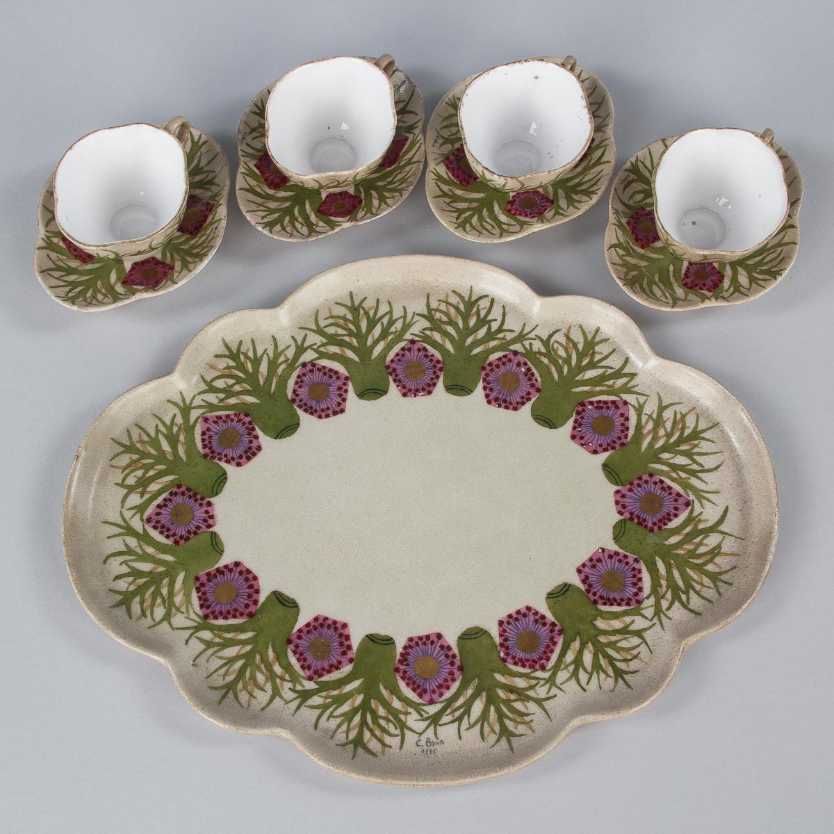 Mid-20th Century French Art Deco Ceramic Coffee Cups and Tray by C.Brun, Sarreguemines, 1935