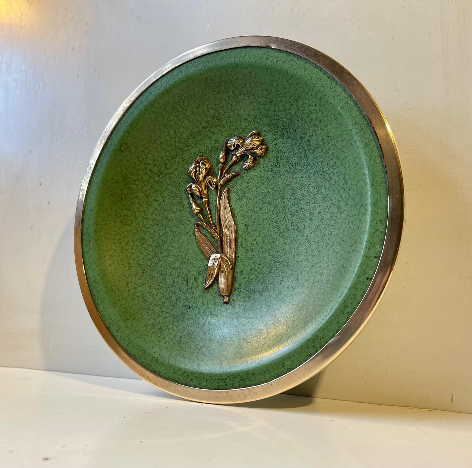 Glazed French Art Deco Ceramic Dish with Green Glaze & Bronze Flower For Sale