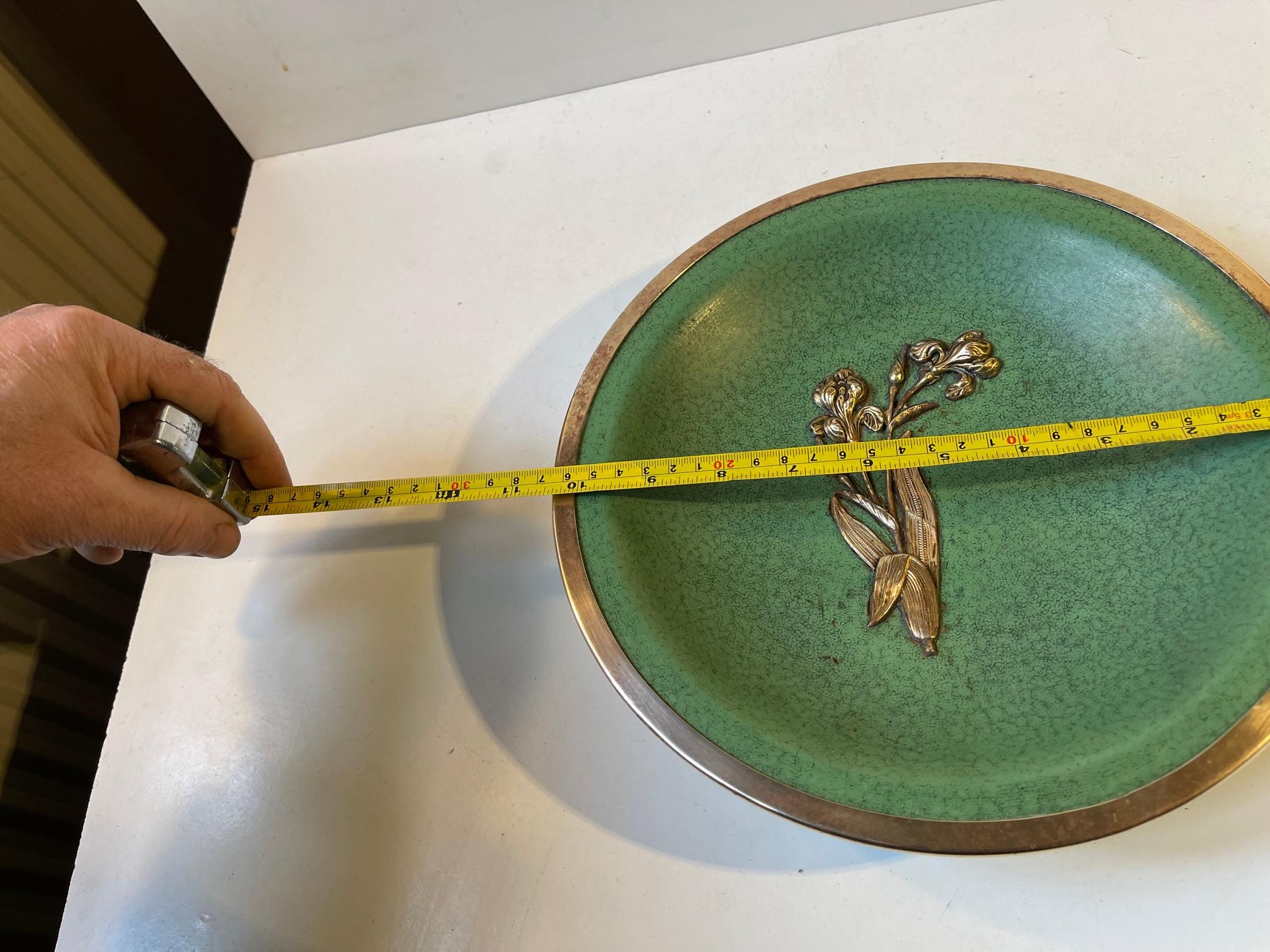 Mid-20th Century French Art Deco Ceramic Dish with Green Glaze & Bronze Flower For Sale
