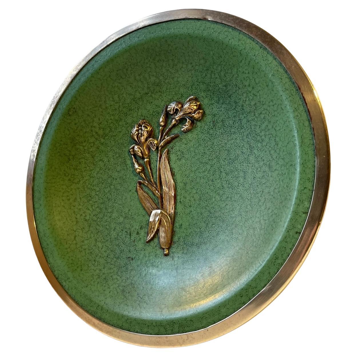 French Art Deco Ceramic Dish with Green Glaze & Bronze Flower For Sale