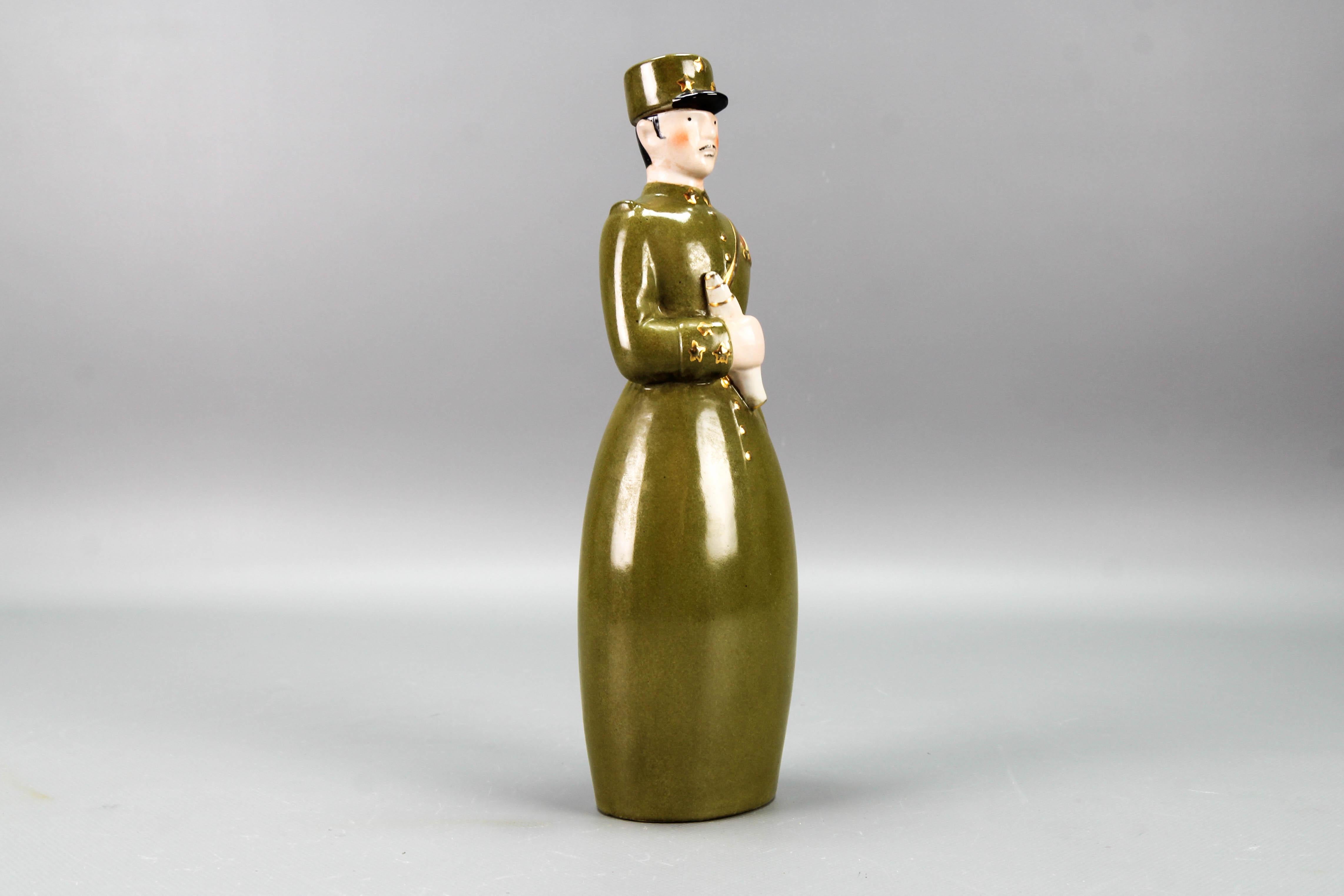 Glazed  French Art Deco Ceramic Figural Bottle Brigadier General by Robj Paris, 1920s