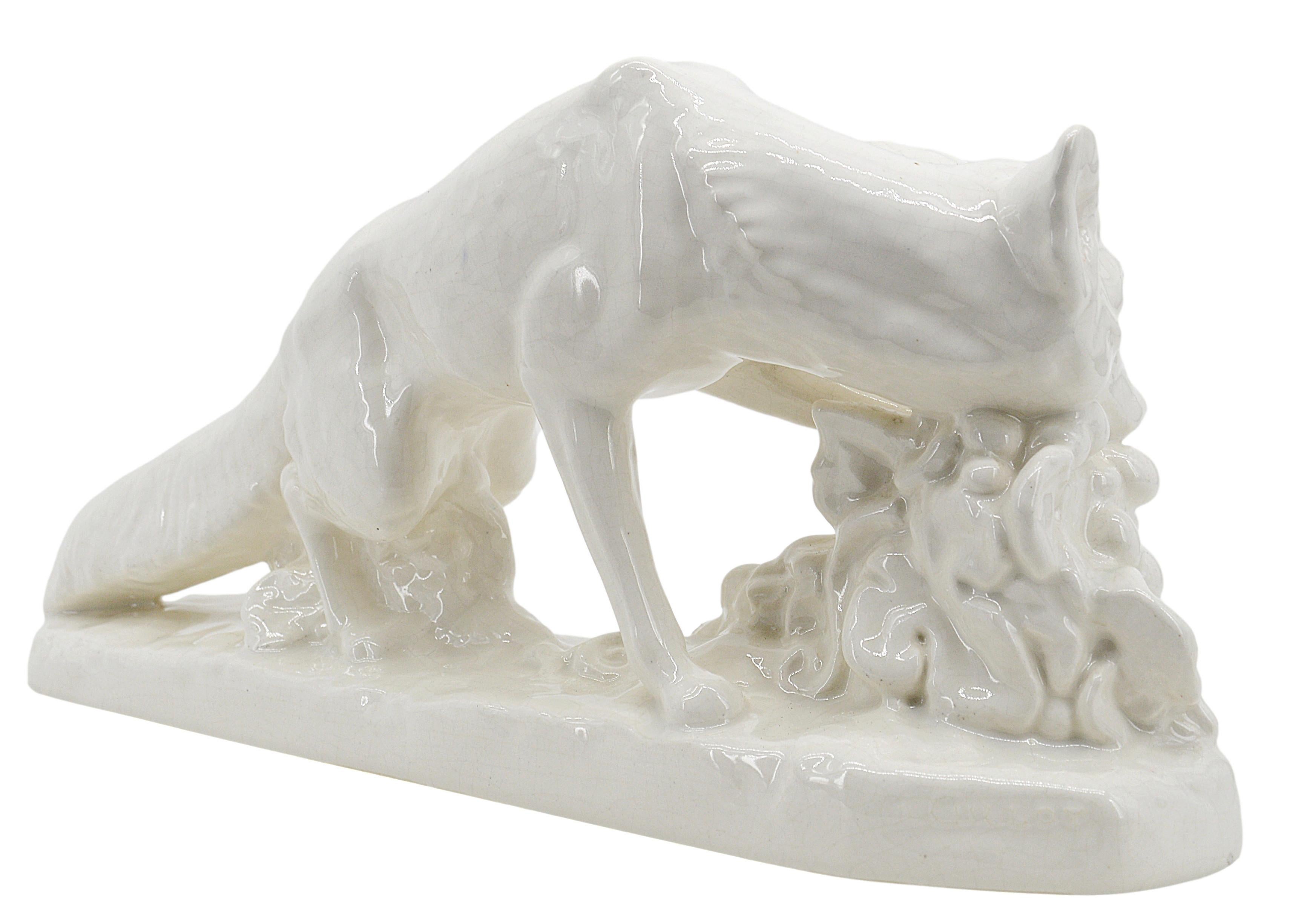 French Art Deco ceramic fox sculpture by Gustave Gillot (1888-1965) for Berlot-Mussier), France, 1920s. Illustration of the fable 