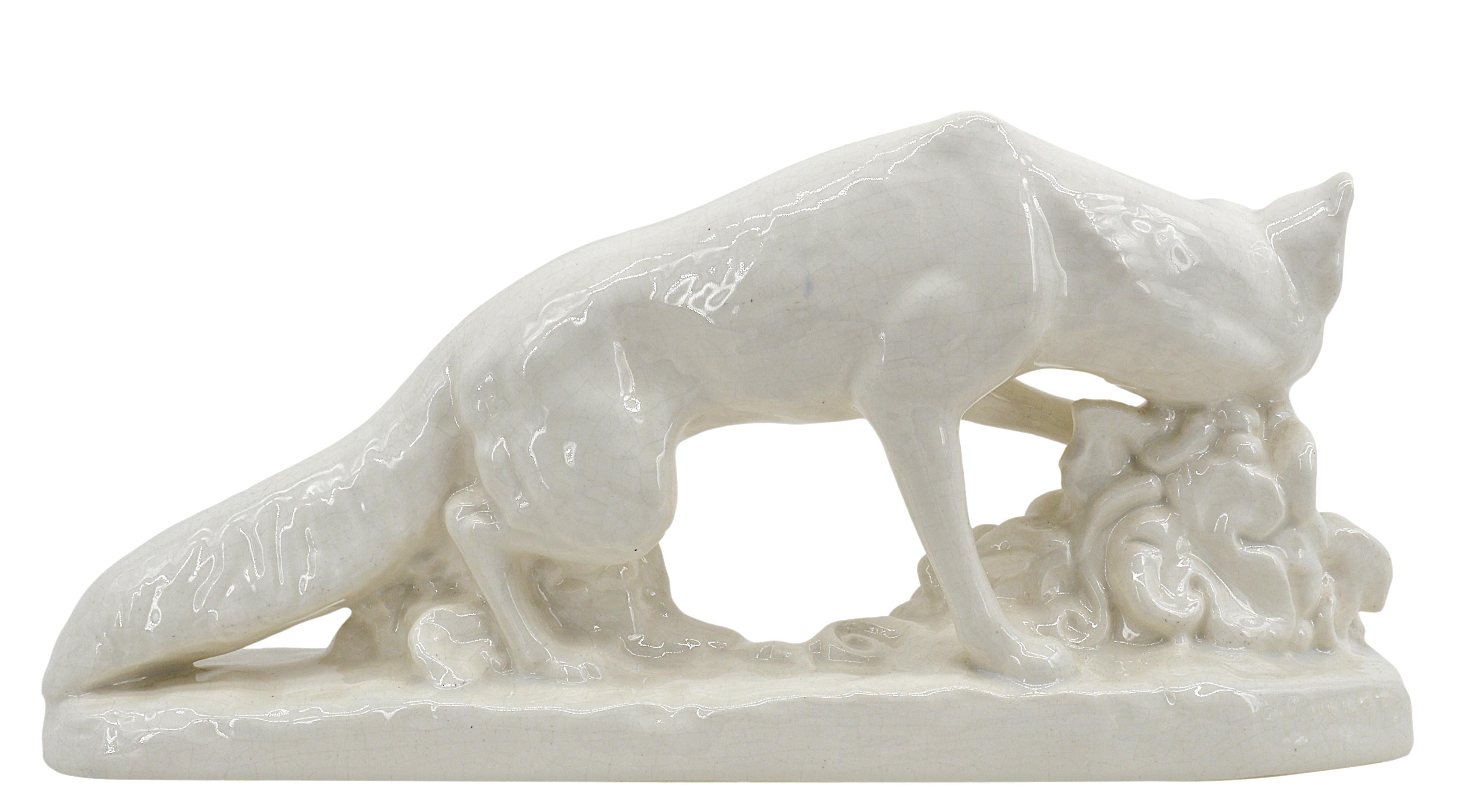 Early 20th Century French Art Deco Ceramic Fox by Gustave Gillot for Odyv, 1920 For Sale