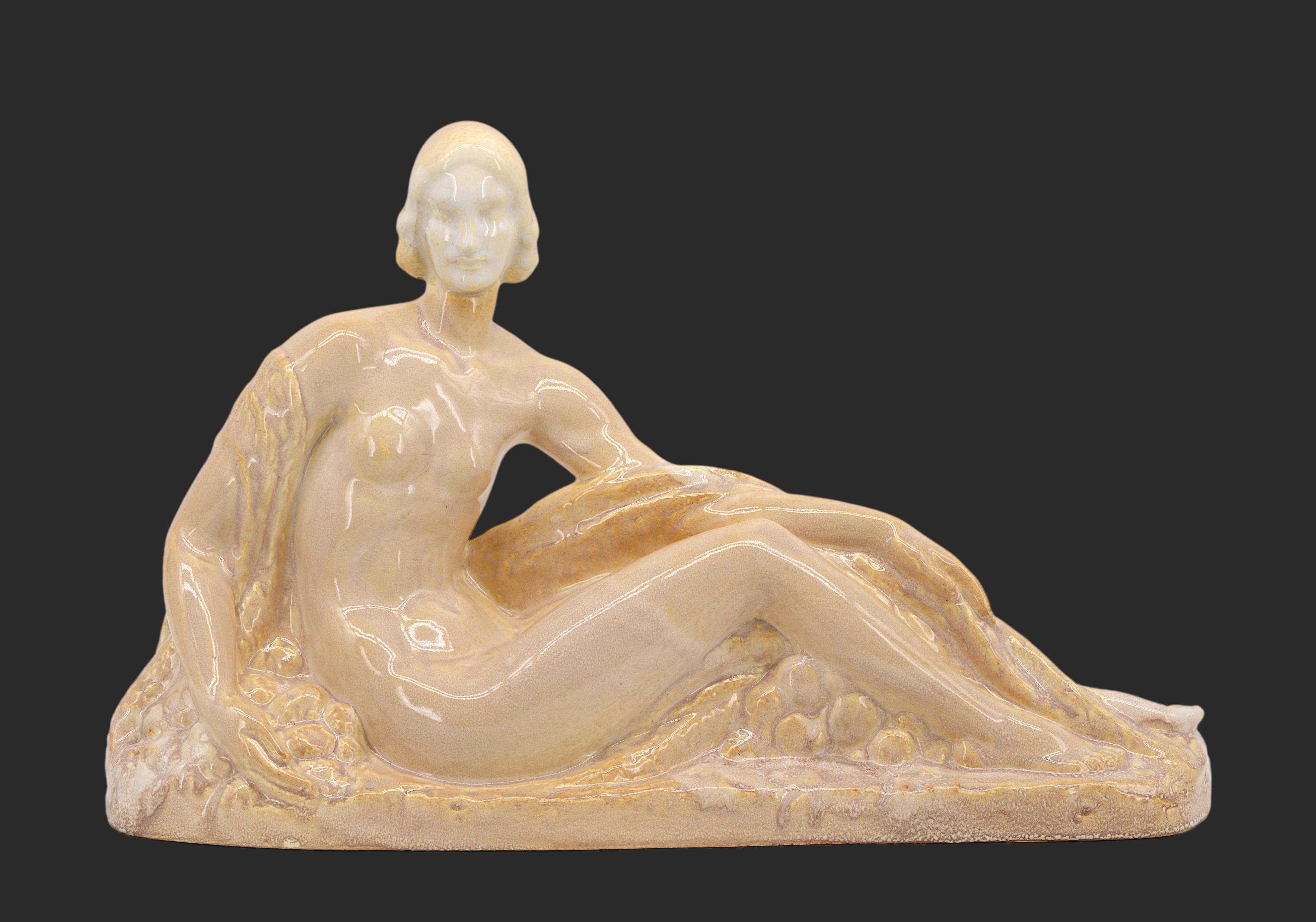 French Art Deco ceramic sculpture by BERLOT-MUSSIER (Vierzon), France, 1920s. Young Lady among flowers in the style of René Buthaud in colored crackle glaze ceramic. Measures: Height: 8.7
