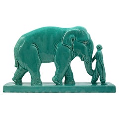 Vintage French Art Deco Ceramic Mahout and his Elephant, 1930s