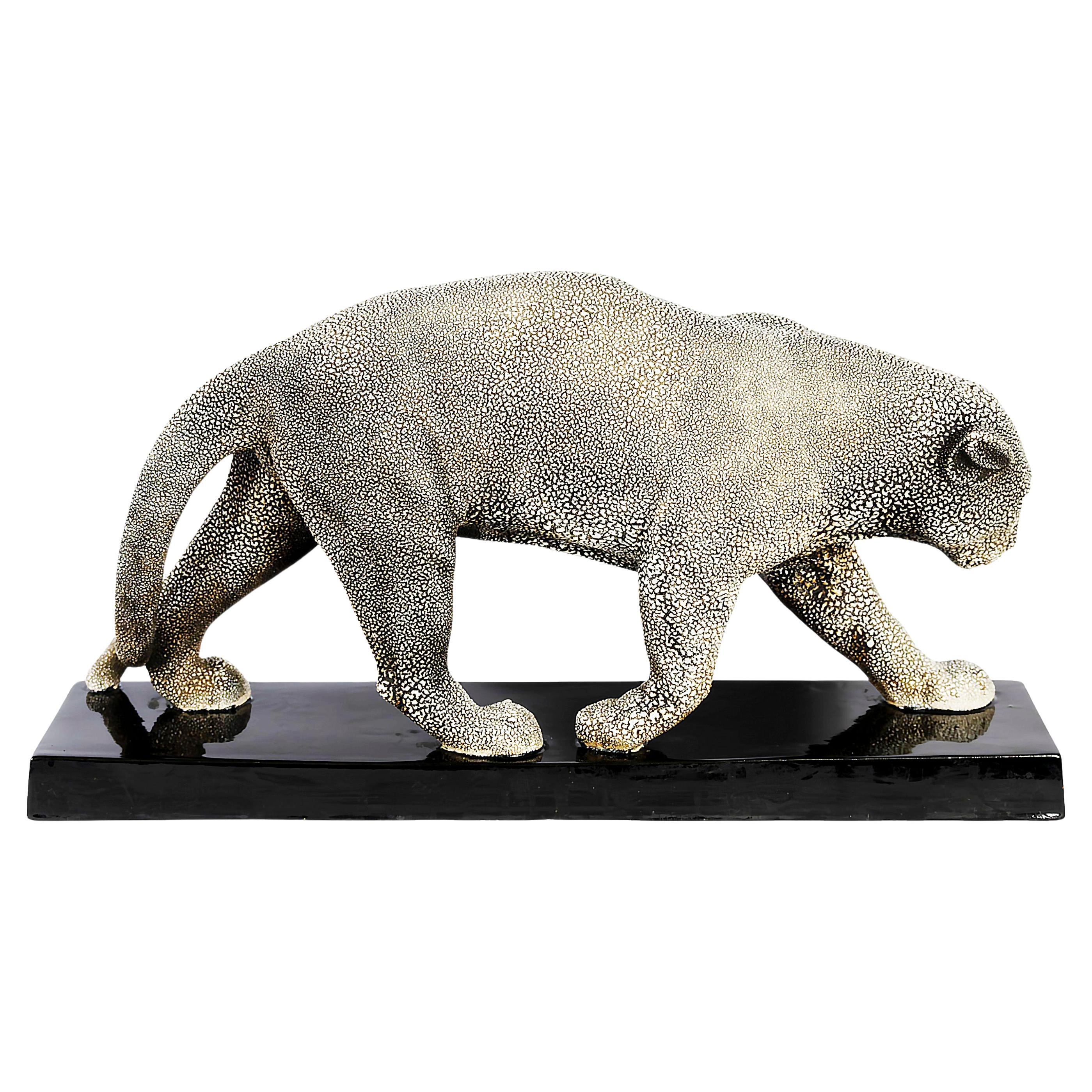 Hand-Crafted French Art Deco Ceramic Panther Sculpture by G.Beauvais for Edition Kaza, 1930's For Sale