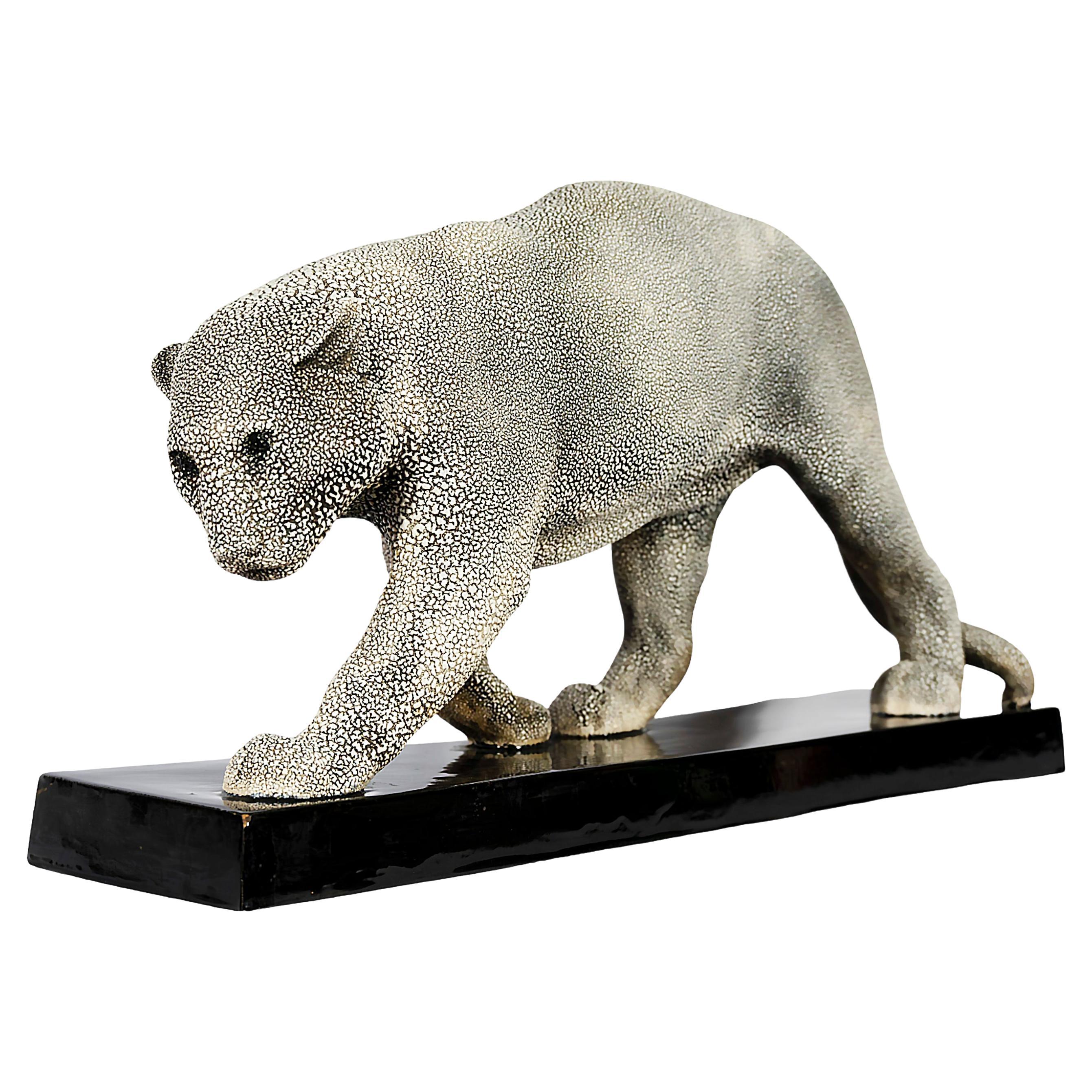 French Art Deco Ceramic Panther Sculpture by G.Beauvais for Edition Kaza, 1930's In Good Condition For Sale In Vilnius, LT