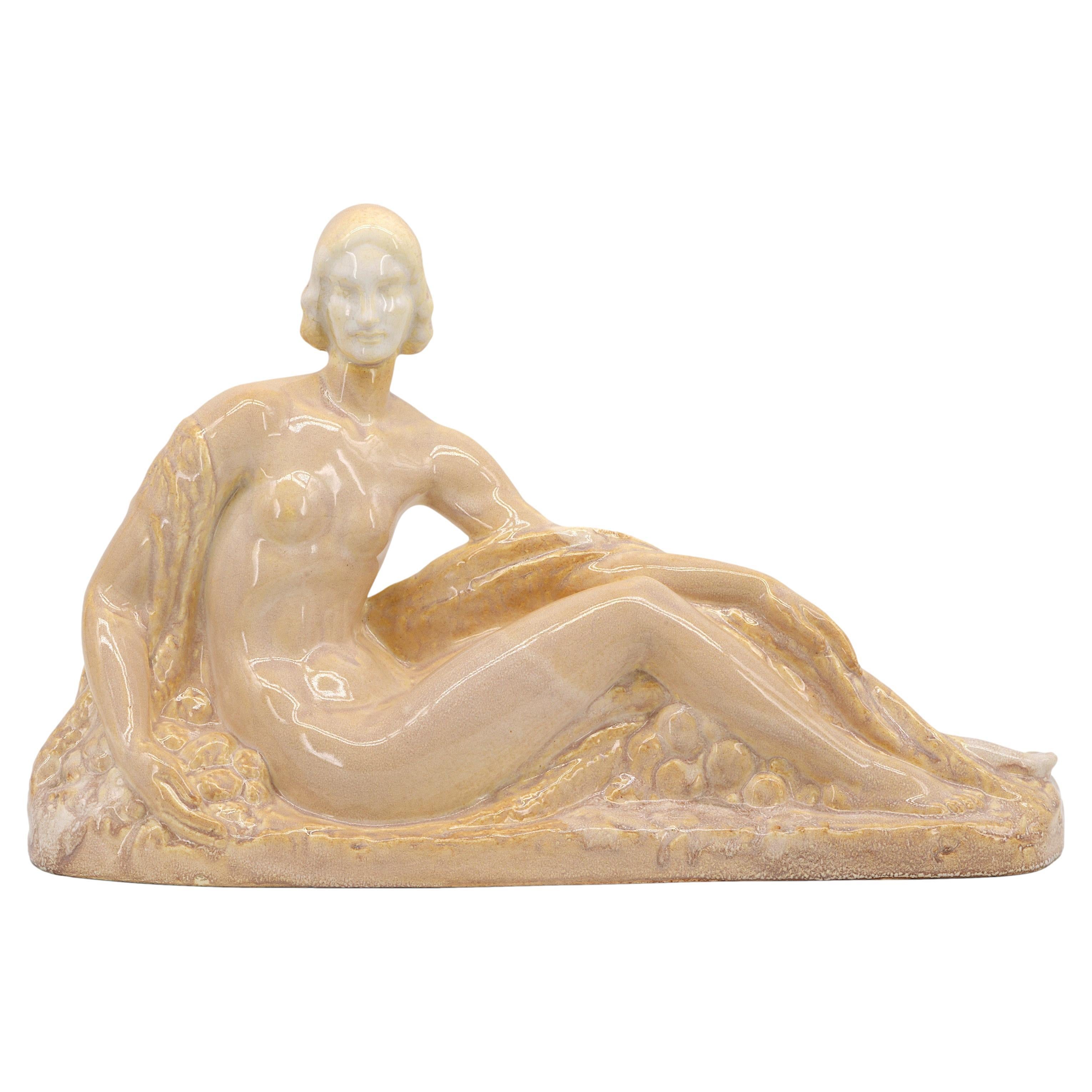 French Art Deco Ceramic Sculpture by ODYV, Young Lady, 1920, France