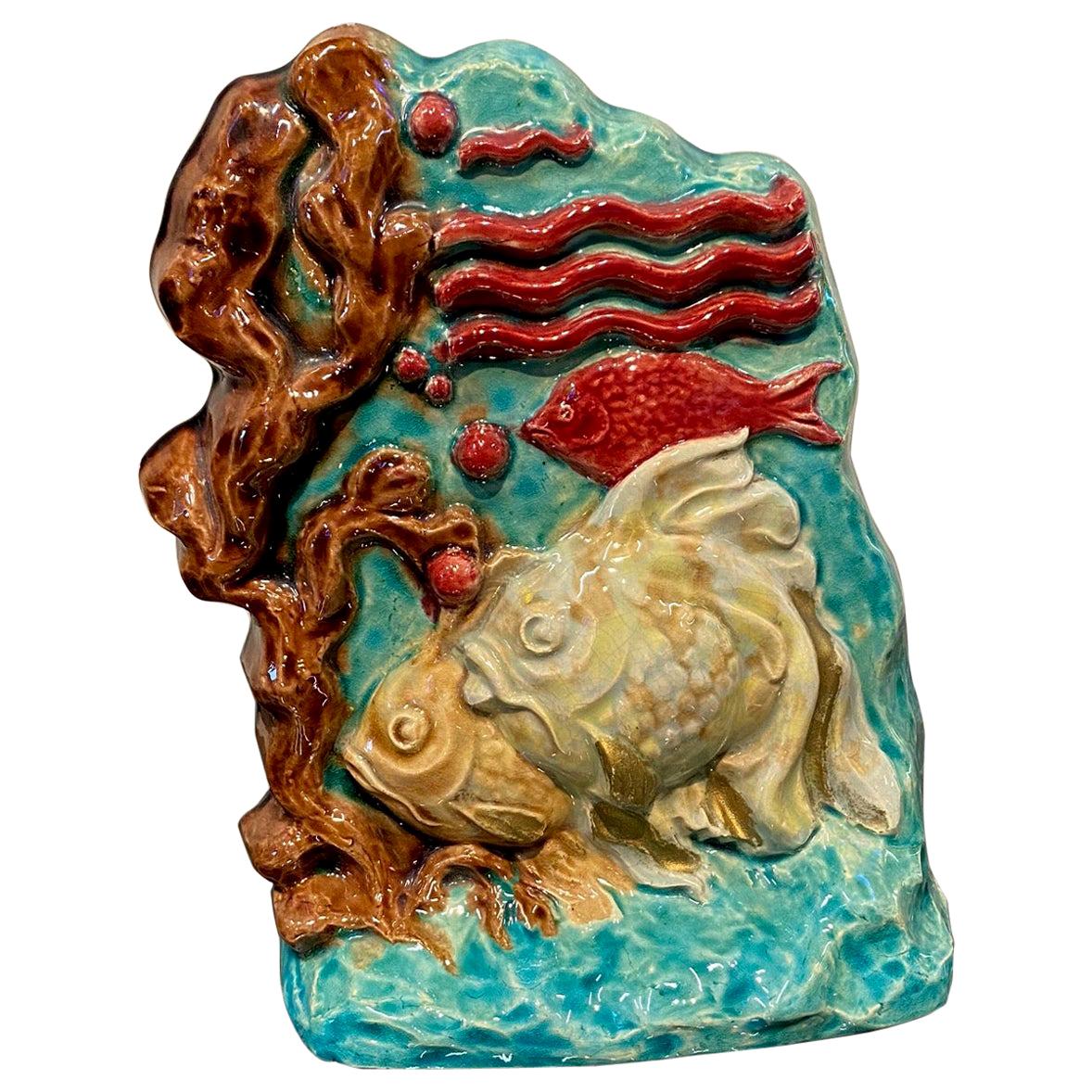 French Art Deco Ceramic Sculpture with Fishes, Glazed, 1920 by Susse Freres