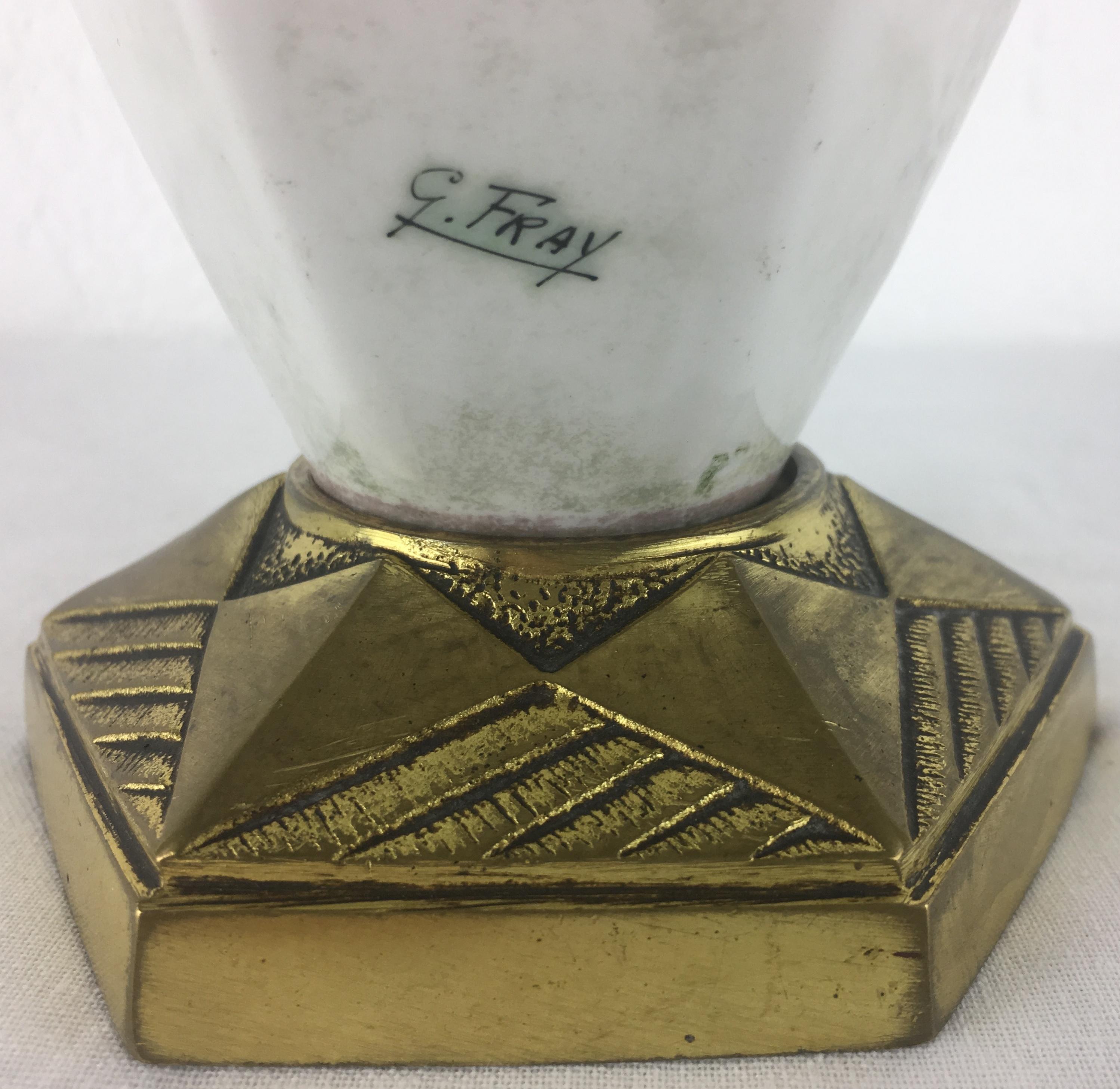 French Art Deco Ceramic Table Lamp Signed G. Fray with Gilded Brass Base In Good Condition In Miami, FL
