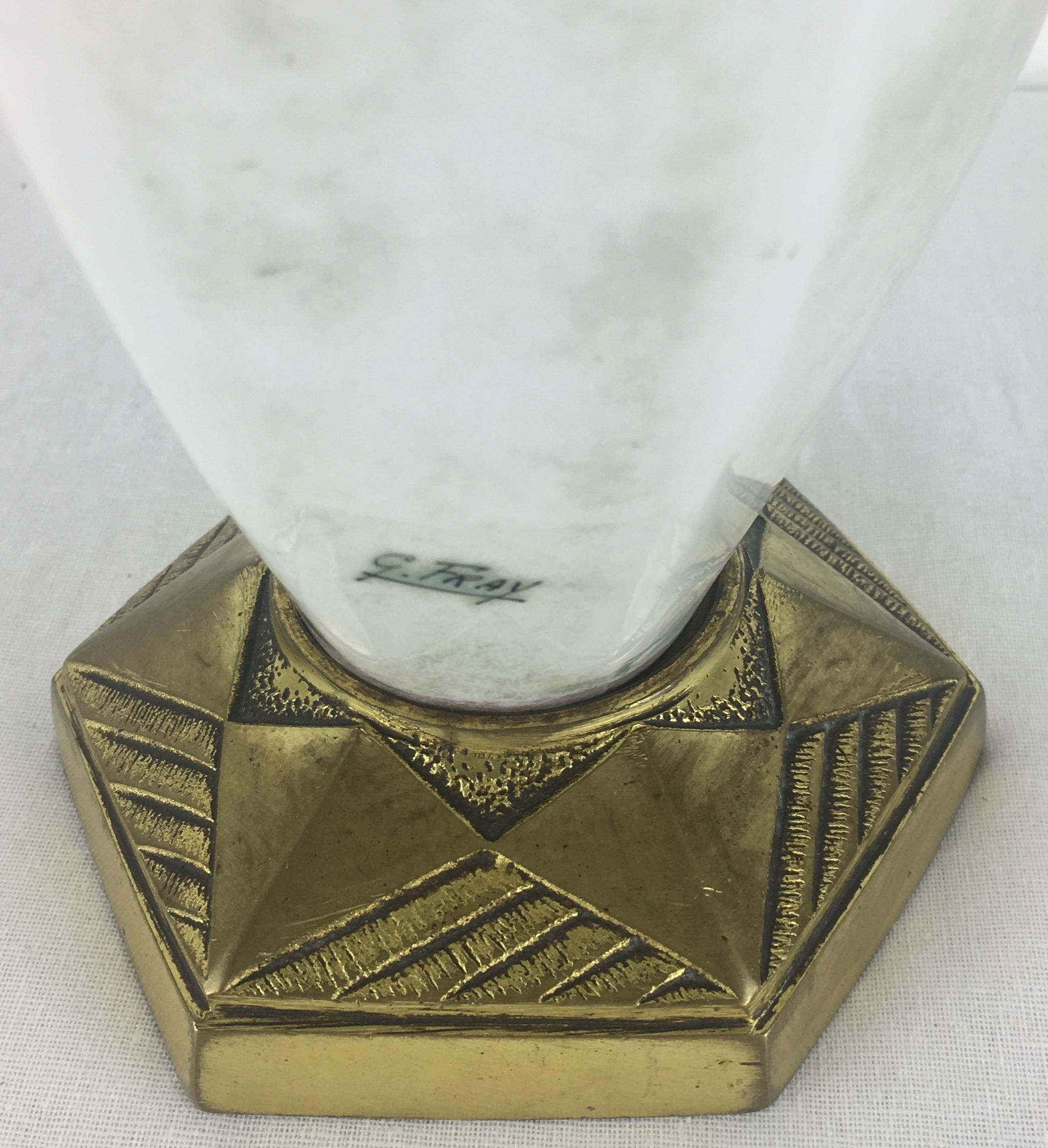 French Art Deco Ceramic Table Lamp Signed G. Fray with Gilded Brass Base 3