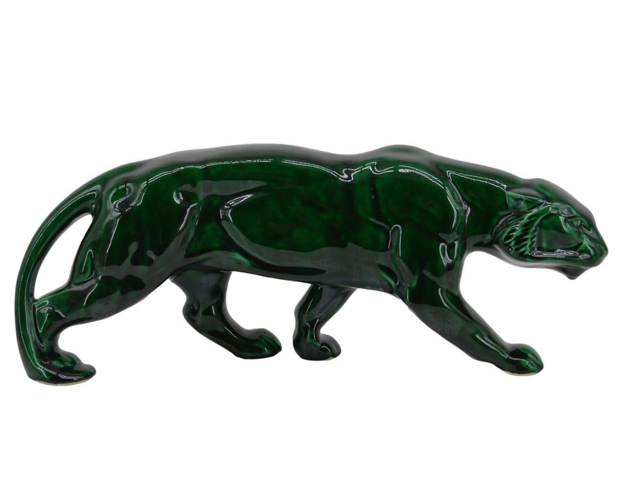 French Art Deco ceramic tiger sculpture, France, 1920s. Width : 18.3