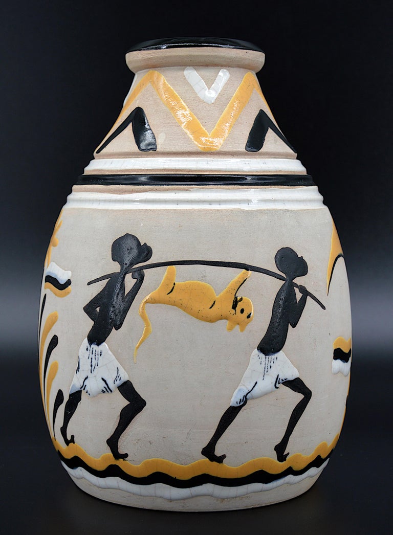 French Art Deco ceramic vase, France, 1931. Ceramic vase made especially for the 1931 International Colonial Exhibition in Paris. The first time we see it. Height: 9.4