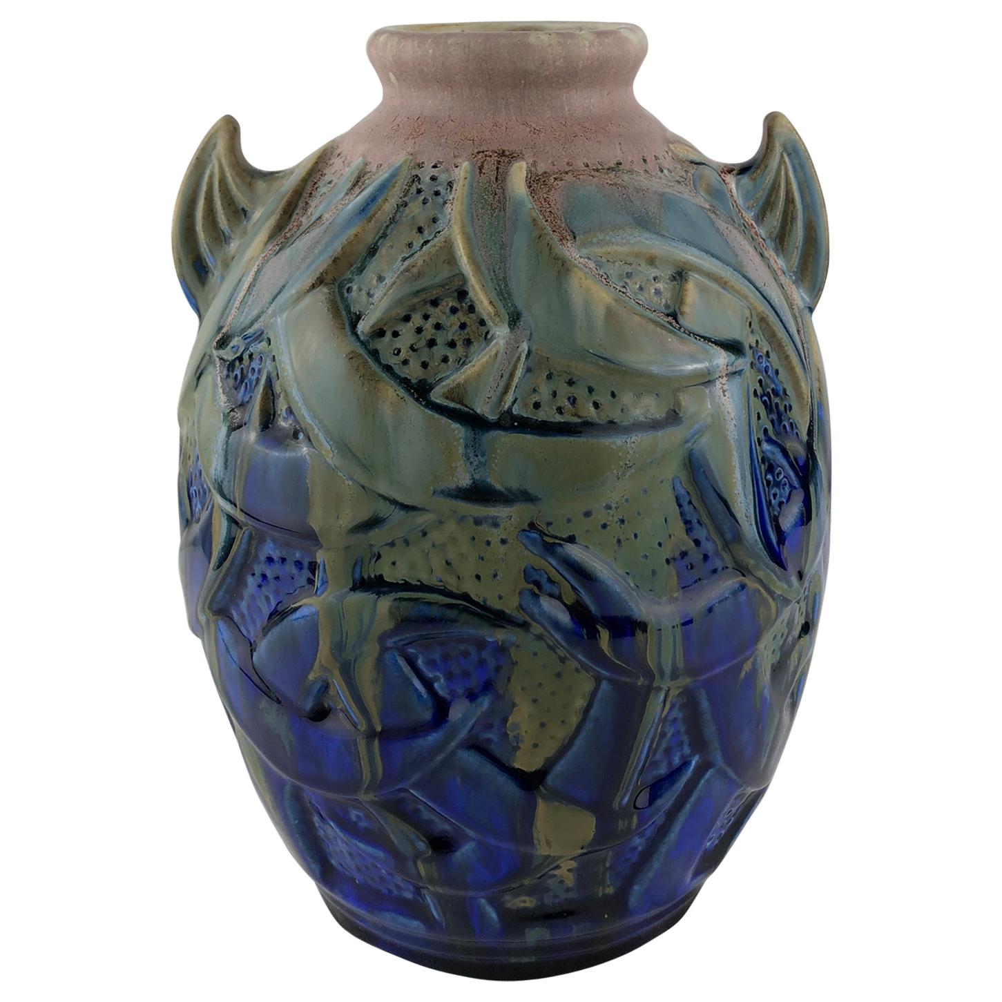 Stunning French Art Deco Ceramic Vase by Gilbert Menetier, Signed