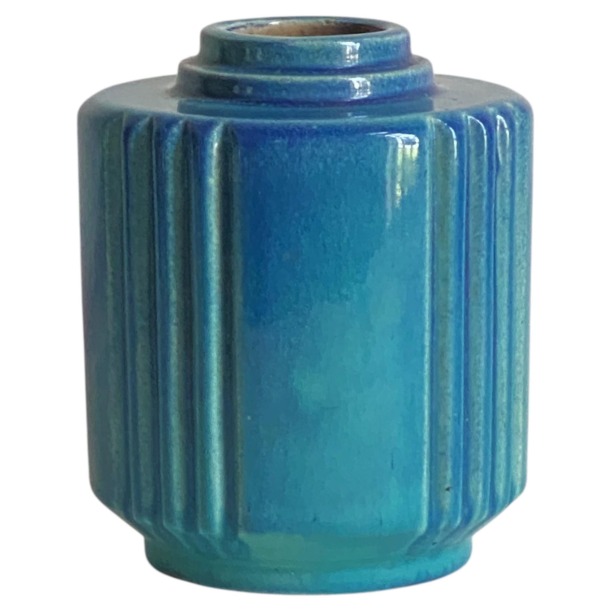 French Art Deco Ceramic Vase by Robert Lallemant in Turquoise Blue Glaze, France