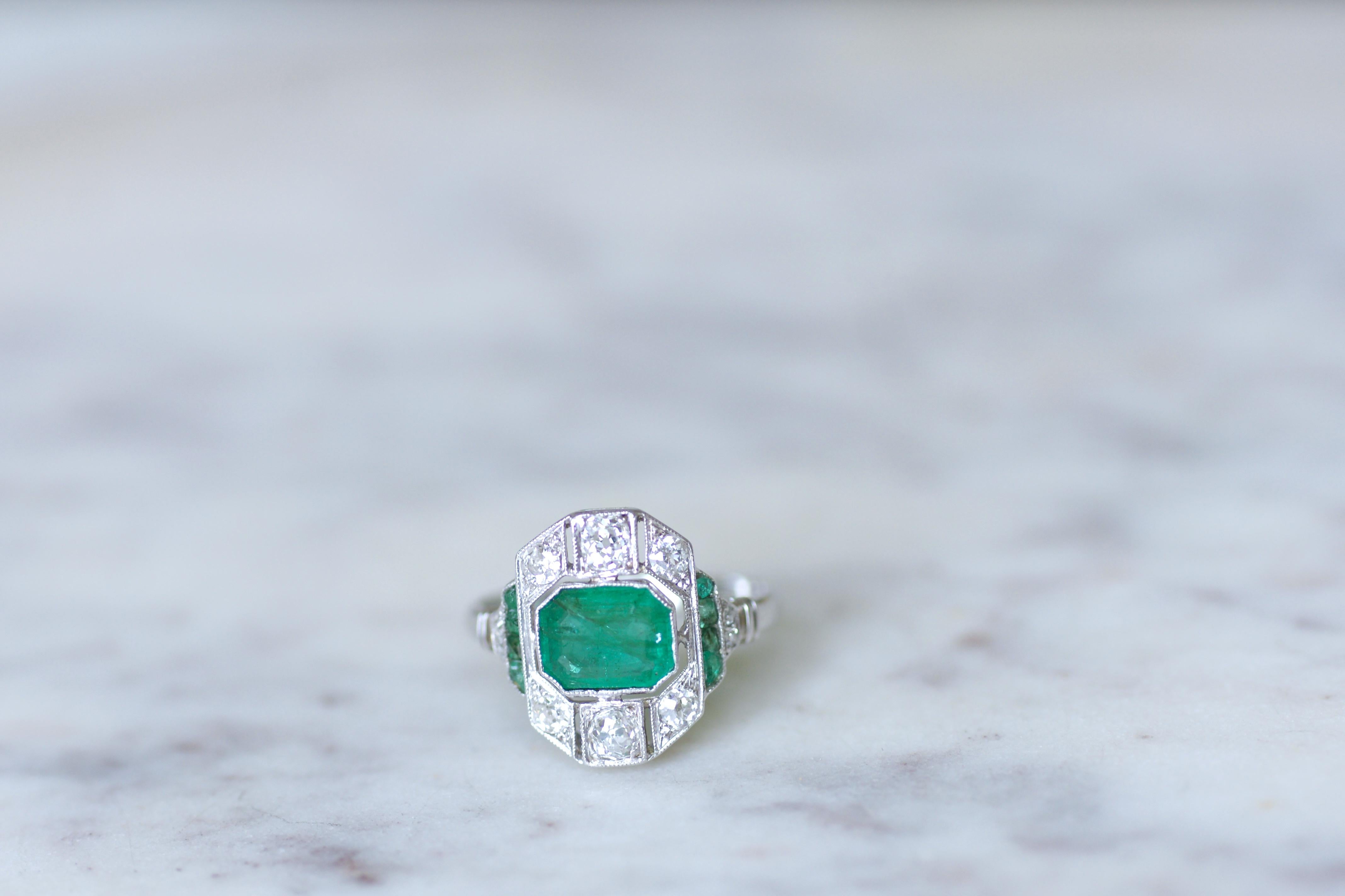 Emerald Cut French Art Deco Certified 1, 30 Carat Emerald Ring on White Gold with Diamonds For Sale