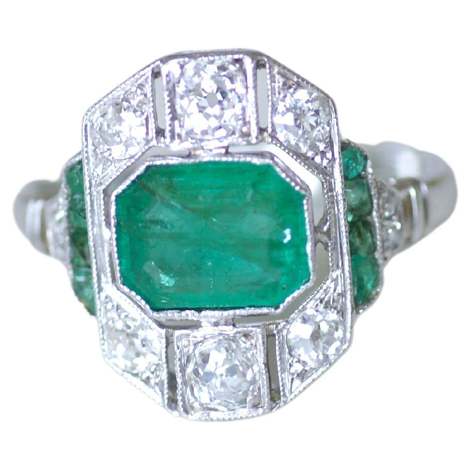 French Art Deco Certified 1, 30 Carat Emerald Ring on White Gold with Diamonds For Sale