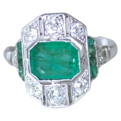 French Art Deco Certified 1, 30 Carat Emerald Ring on White Gold with Diamonds