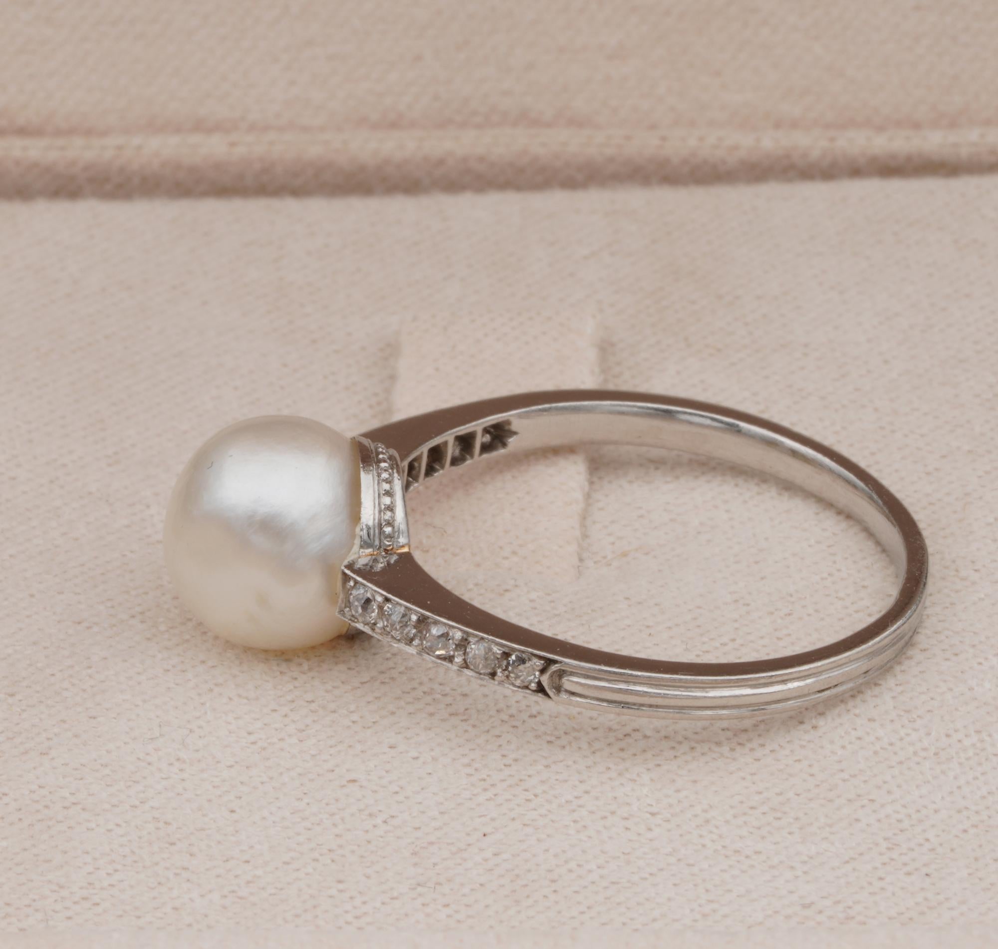 Old Mine Cut French Art Deco Certified Natural Pearl Diamond Platinum Ring