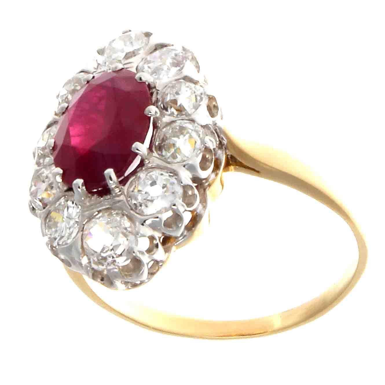 French Art Deco Certified Burma Ruby Diamond Platinum Gold Ring In Excellent Condition In Beverly Hills, CA
