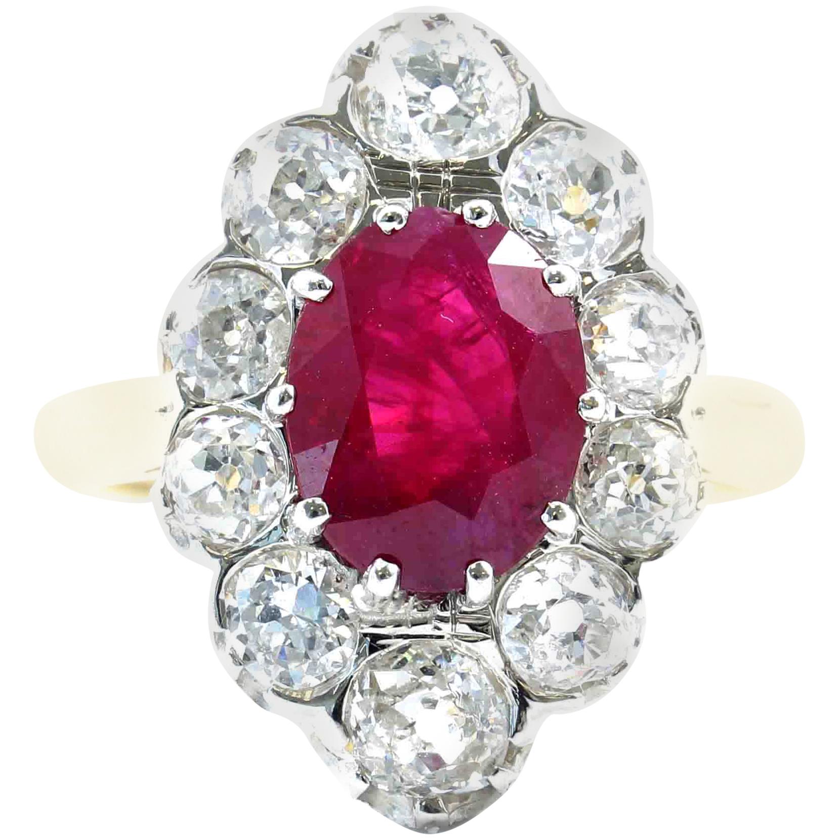 French Art Deco Certified Burma Ruby Diamond Platinum Gold Ring