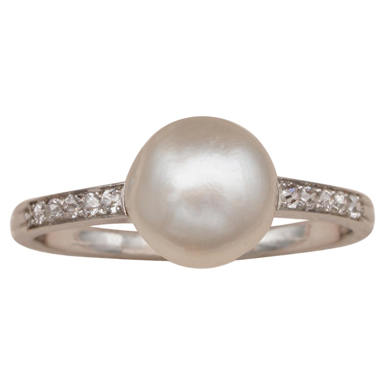 French Art Deco Certified Natural Pearl Diamond Platinum Ring