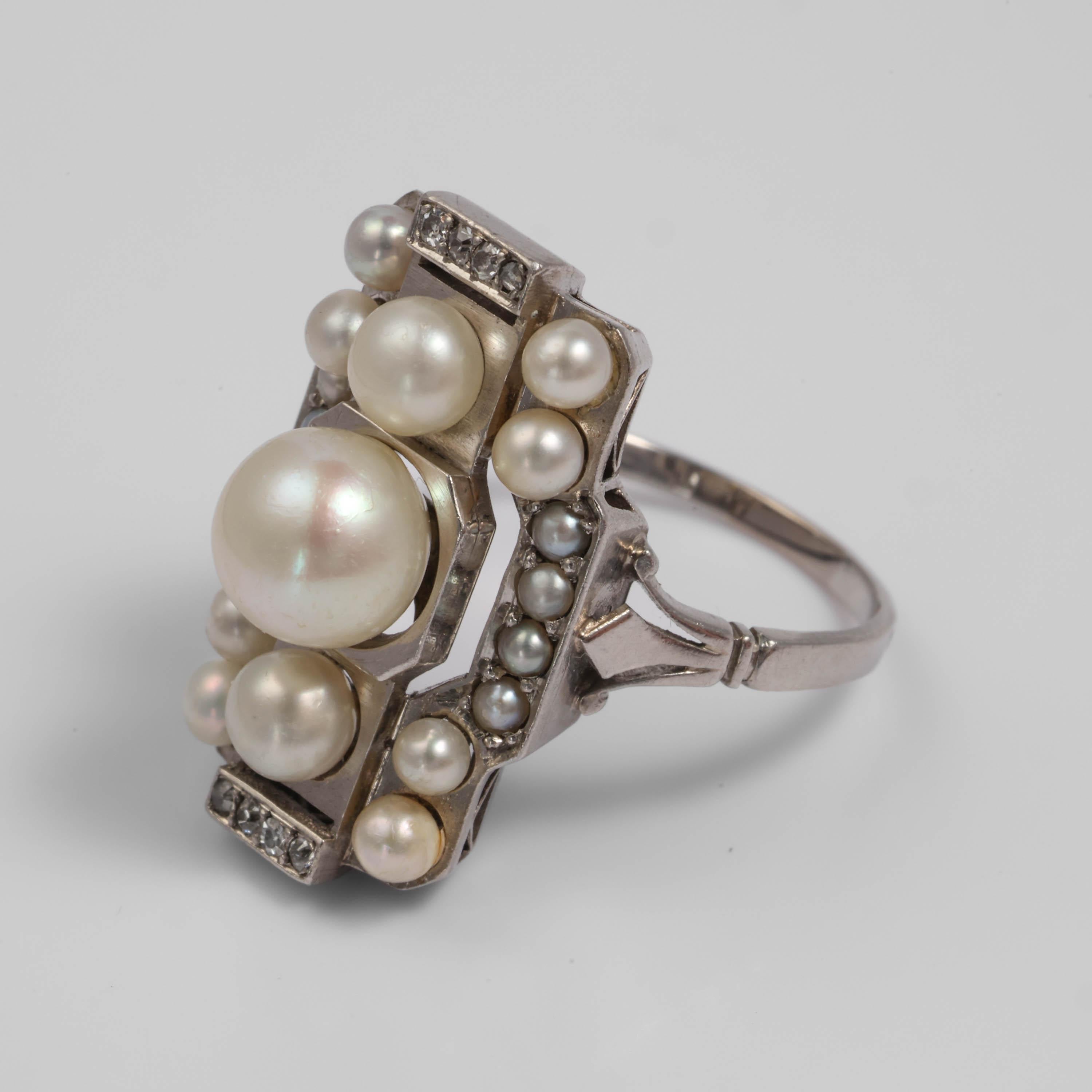 Old Mine Cut French Art Deco Certified Natural Sea Pearl & Platinum Ring  For Sale